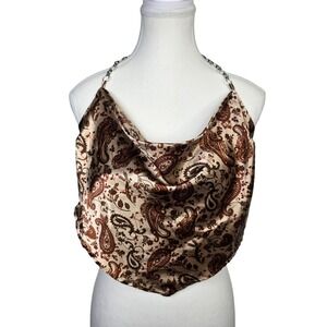 Paisley Halter‎ Top Chain Strap Back Tie Bronze Beige Brown Blouse Medium